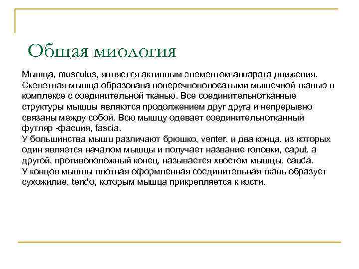 Общая миология Мышца, musculus, является активным элементом аппарата движения. Скелетная мышца образована поперечнополосатыми мышечной