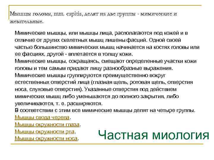 Мышцы головы, mm. capitis, делят на две группы - мимические и жевательные. Мимические мышцы,