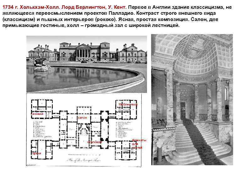 1734 г. Холькхэм-Холл. Лорд Берлингтон, У. Кент. Первое в Англии здание классицизма, не являющееся