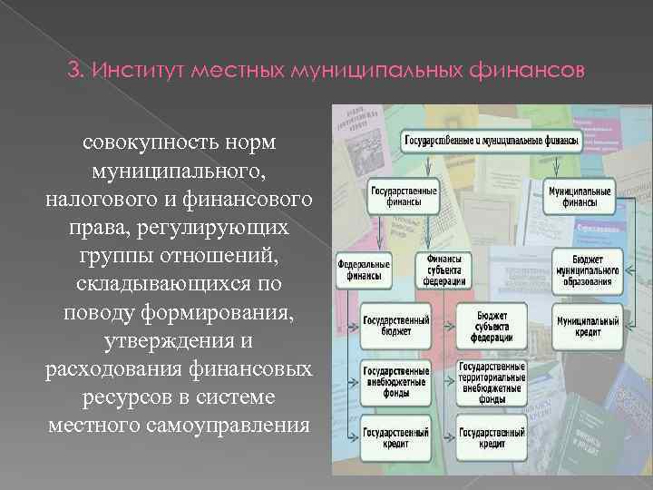 3. Институт местных муниципальных финансов совокупность норм муниципального, налогового и финансового права, регулирующих группы