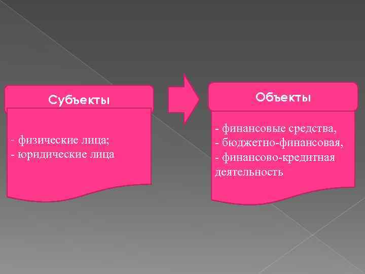 Субъекты - физические лица; - юридические лица Объекты - финансовые средства, - бюджетно-финансовая, -