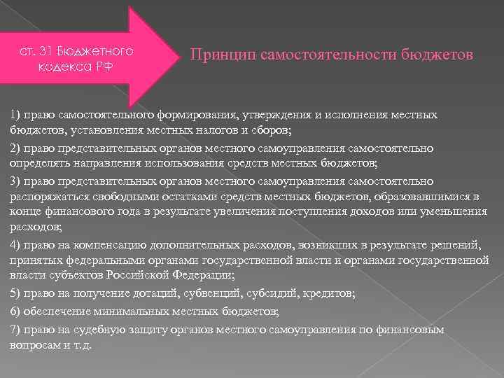 ст. 31 Бюджетного кодекса РФ Принцип самостоятельности бюджетов 1) право самостоятельного формирования, утверждения и