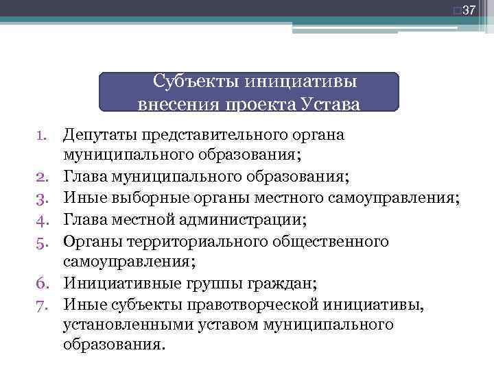 o 37 o. Субъекты инициативы внесения проекта Устава 1. Депутаты представительного органа муниципального образования;