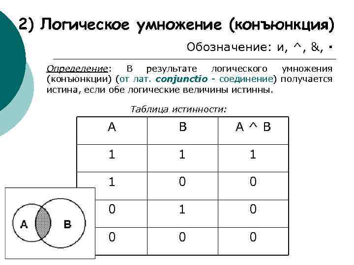 2) Логическое умножение (конъюнкция) Обозначение: и, ^, &, ∙ Определение: В результате логического умножения