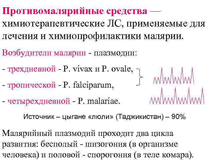 Противомалярийные средства — химиотерапевтические ЛС, применяемые для лечения и химиопрофилактики малярии. Возбудители малярии -