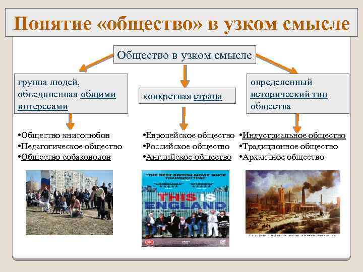 Понятие «общество» в узком смысле Общество в узком смысле группа людей, объединенная общими интересами