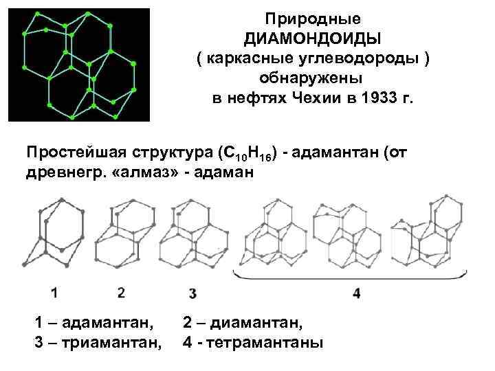 Природные ДИАМОНДОИДЫ ( каркасные углеводороды ) обнаружены в нефтях Чехии в 1933 г. Простейшая