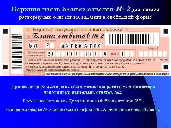 Верхняя часть бланка ответов № 2 для записи развернутых ответов на задания в свободной