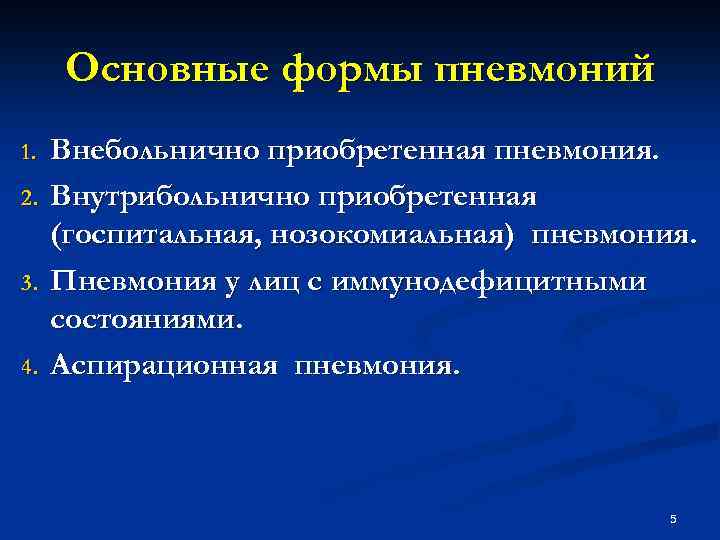 Основные формы пневмоний 1. 2. 3. 4. Внебольнично приобретенная пневмония. Внутрибольнично приобретенная (госпитальная, нозокомиальная)