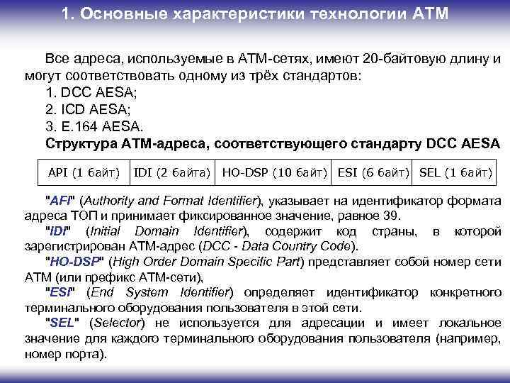 1. Основные характеристики технологии ATM Все адреса, используемые в ATM-сетях, имеют 20 -байтовую длину