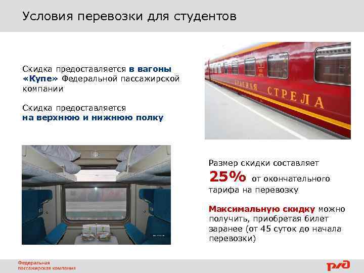 Условия перевозки для студентов Скидка предоставляется в вагоны «Купе» Федеральной пассажирской компании Скидка предоставляется