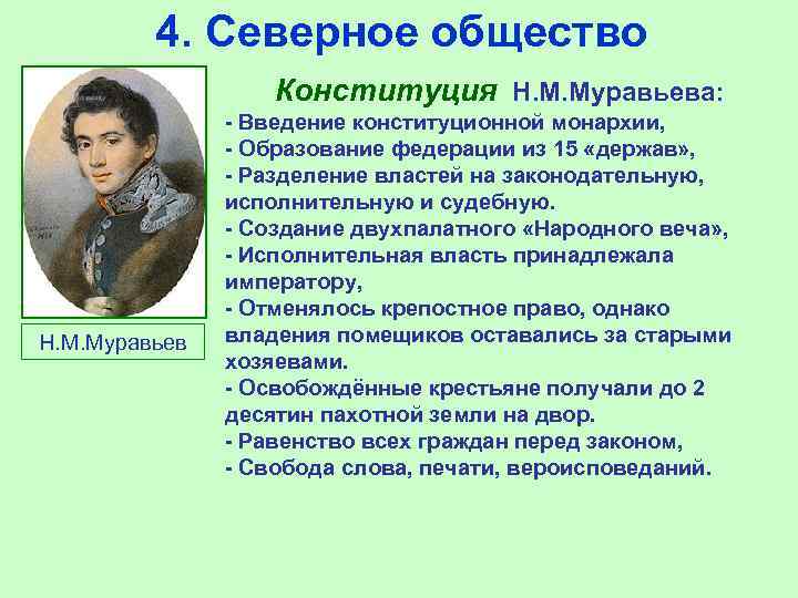 4. Северное общество Конституция Н. М. Муравьева: Н. М. Муравьев - Введение конституционной монархии,