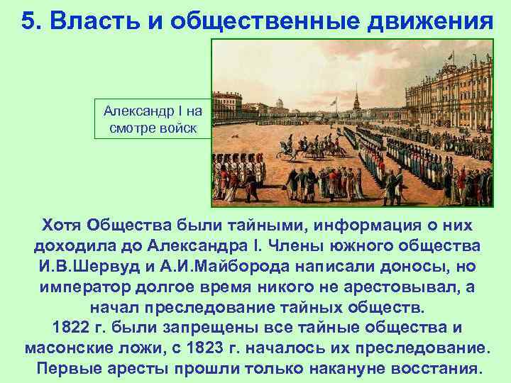 5. Власть и общественные движения Александр I на смотре войск Хотя Общества были тайными,