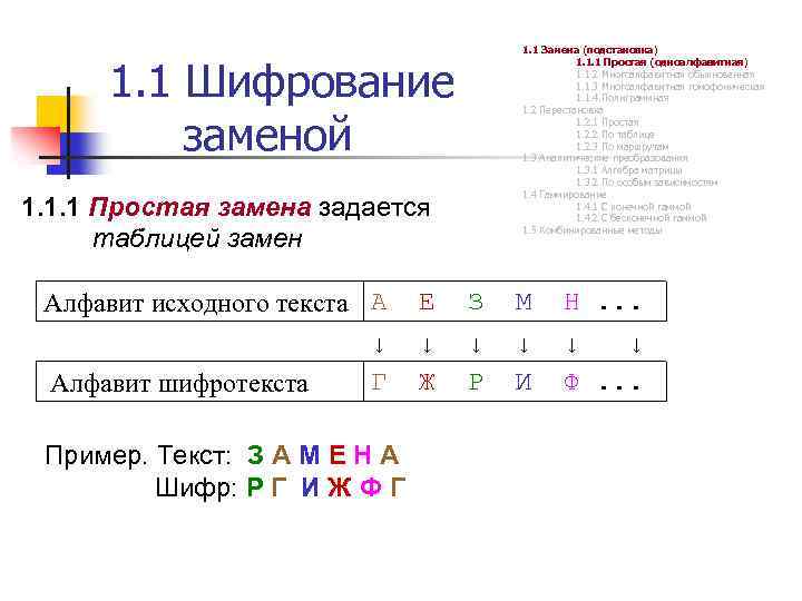 1. 1 Шифрование заменой 1. 1. 1 Простая замена задается таблицей замен Алфавит исходного