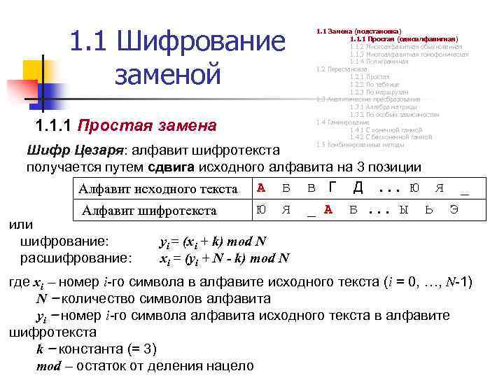 1. 1 Шифрование заменой 1. 1. 1 Простая замена 1. 1 Замена (подстановка) 1.