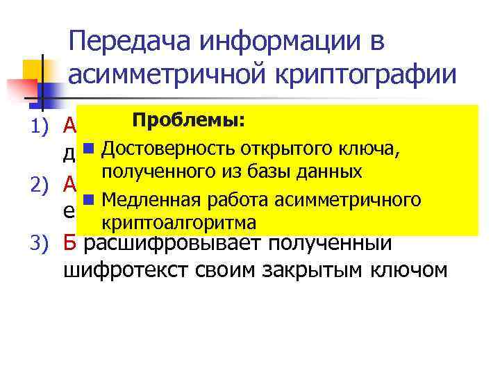 Передача информации в асимметричной криптографии Проблемы: 1) А получает открытый ключ Б из базы