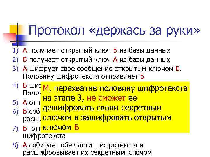 Протокол «держась за руки» 1) А получает открытый ключ Б из базы данных 2)