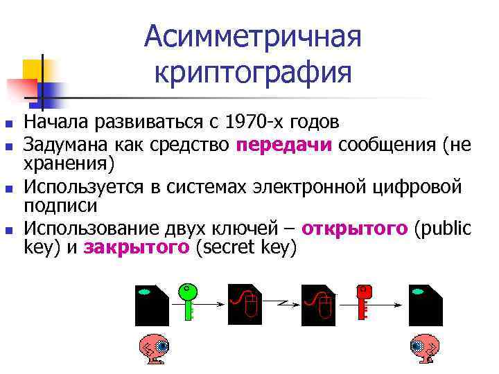 Асимметричная криптография n n Начала развиваться с 1970 -х годов Задумана как средство передачи