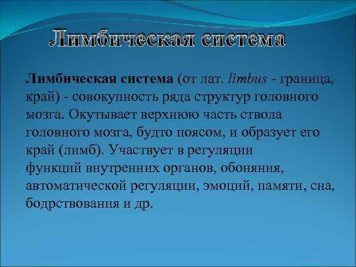 Лимбическая система (от лат. limbus - граница, край) - совокупность ряда структур головного мозга.