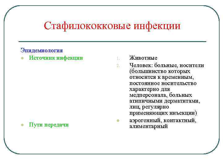 Стафилококковые инфекции Эпидемиология l Источник инфекции 1. 2. l Пути передачи l Животные Человек: