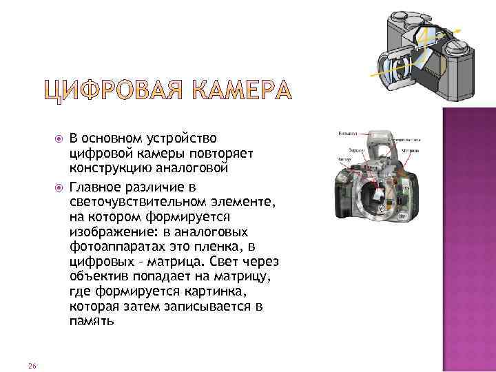  26 В основном устройство цифровой камеры повторяет конструкцию аналоговой Главное различие в светочувствительном