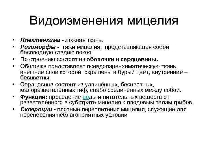 Видоизменения мицелия • Плектенхима - ложная ткань. • Ризоморфы - тяжи мицелия, представляющая собой