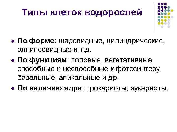 Типы клеток водорослей l l l По форме: шаровидные, цилиндрические, эллипсовидные и т. д.