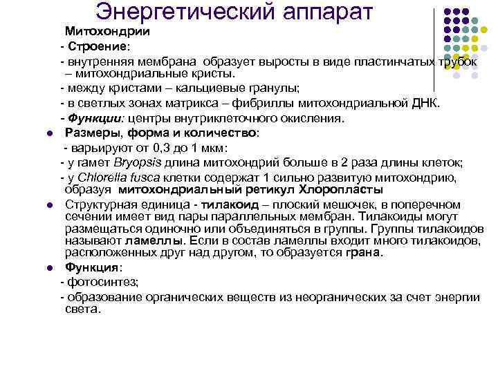 Энергетический аппарат l l l Митохондрии - Строение: - внутренняя мембрана образует выросты в