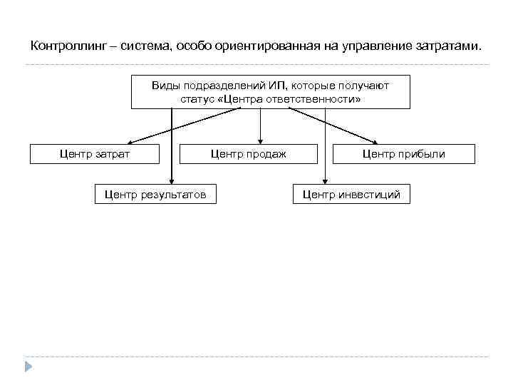Контроллинг – система, особо ориентированная на управление затратами. Виды подразделений ИП, которые получают статус