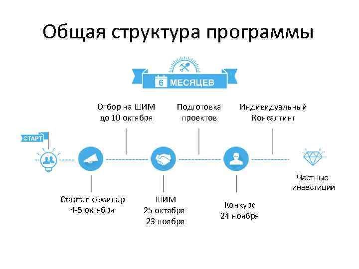 Общая структура программы Отбор на ШИМ до 10 октября Подготовка проектов Индивидуальный Консалтинг Частные