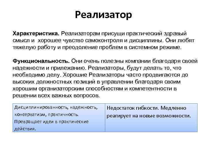 Реализатор Характеристика. Реализаторам присущи практический здравый смысл и хорошее чувство самоконтроля и дисциплины. Они