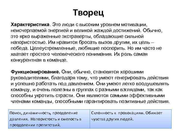 Творец Характеристика. Это люди с высоким уровнем мотивации, неисчерпаемой энергией и великой жаждой достижений.