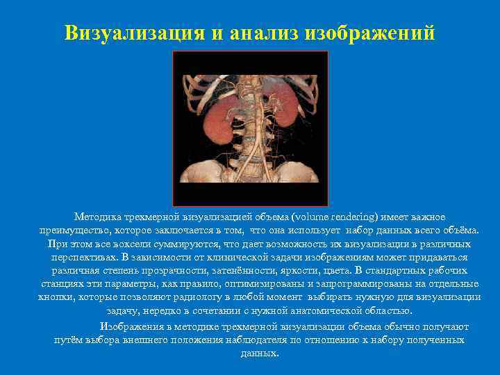 Визуализация и анализ изображений Методика трехмерной визуализацией объема (volume rendering) имеет важное преимущество, которое