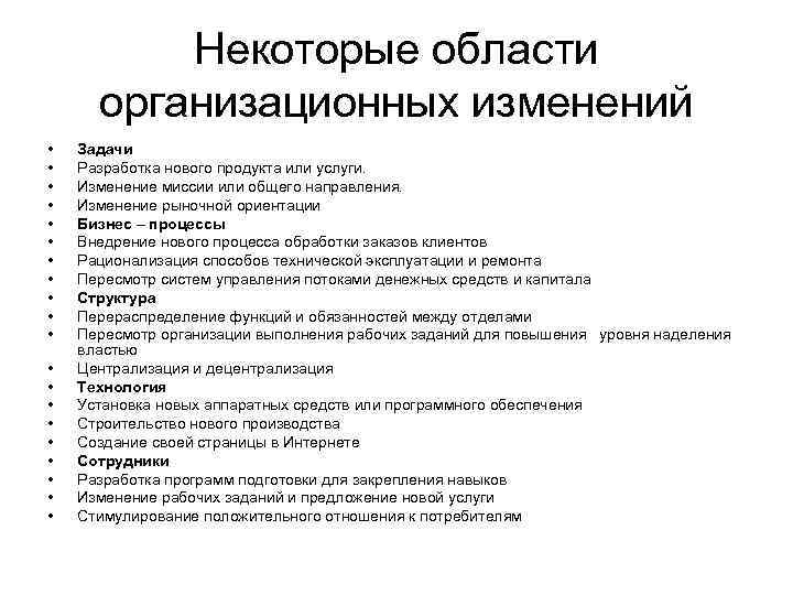 Некоторые области организационных изменений • • • • • Задачи Разработка нового продукта или