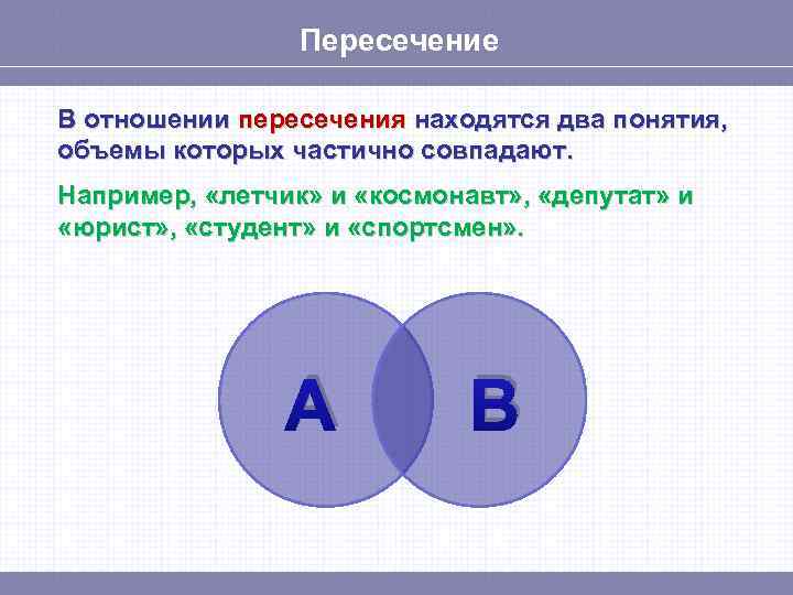 Какие два понятий используются в первую. Отношение пересечения. В отношении пересечения находятся понятия. Примеры пересечения в логике. Находятся в отношении пересечения.