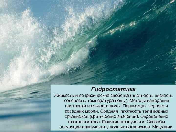 Гидростатика Жидкость и ее физические свойства (плотность, вязкость, соленость, температура воды). Методы измерения плотности