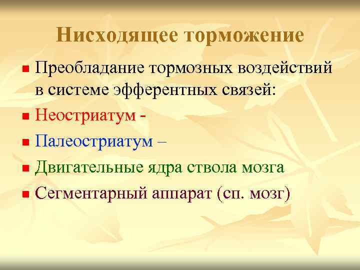 Нисходящее торможение Преобладание тормозных воздействий в системе эфферентных связей: n Неостриатум n Палеостриатум –