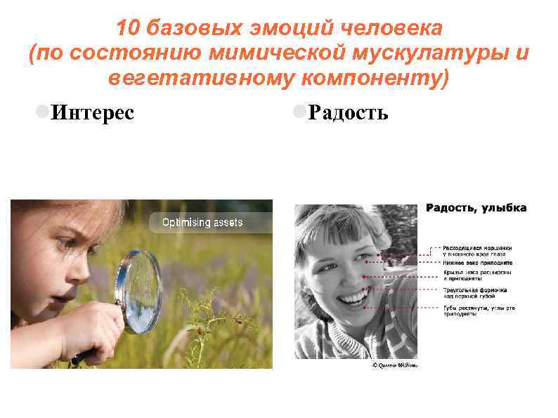 10 базовых эмоций человека (по состоянию мимической мускулатуры и вегетативному компоненту) Интерес Радость 