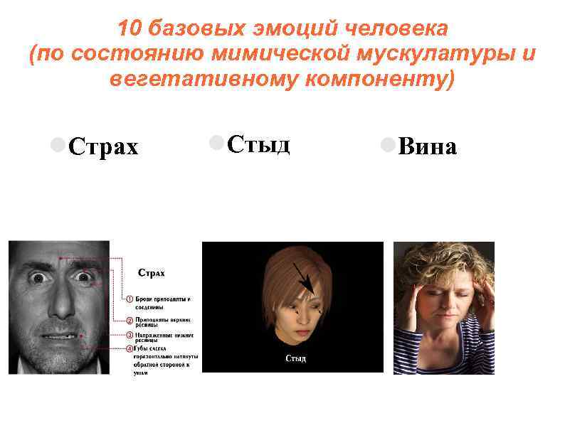 10 базовых эмоций человека (по состоянию мимической мускулатуры и вегетативному компоненту) Страх Стыд Вина