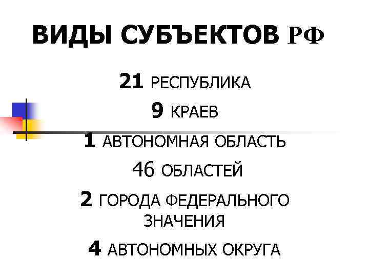 ВИДЫ СУБЪЕКТОВ РФ 21 РЕСПУБЛИКА 9 КРАЕВ 1 АВТОНОМНАЯ ОБЛАСТЬ 46 ОБЛАСТЕЙ 2 ГОРОДА