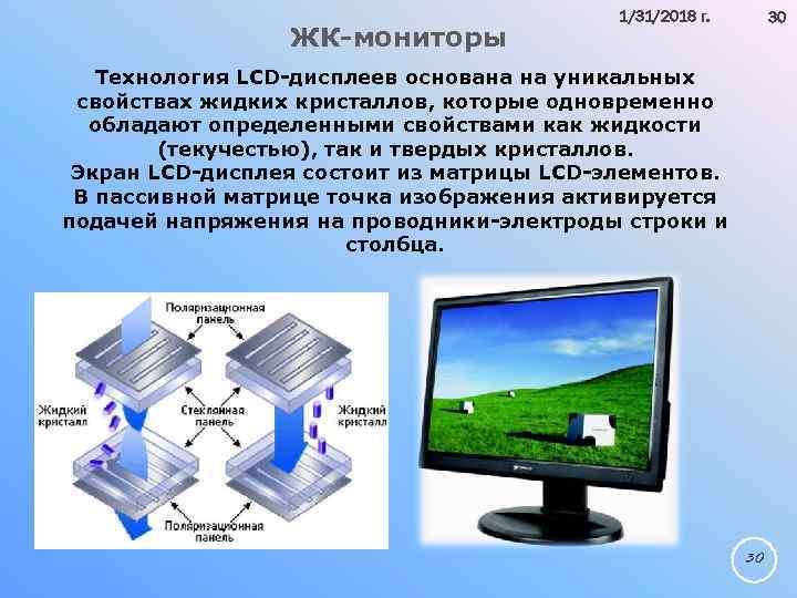 ЖК мониторы 1/31/2018 г. 30 Технология LCD дисплеев основана на уникальных свойствах жидких кристаллов,