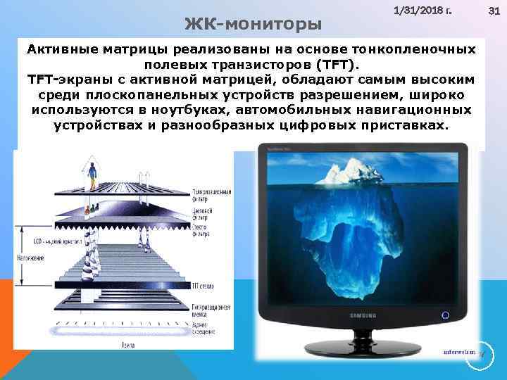 ЖК мониторы 1/31/2018 г. 31 Активные матрицы реализованы на основе тонкопленочных полевых транзисторов (TFT).