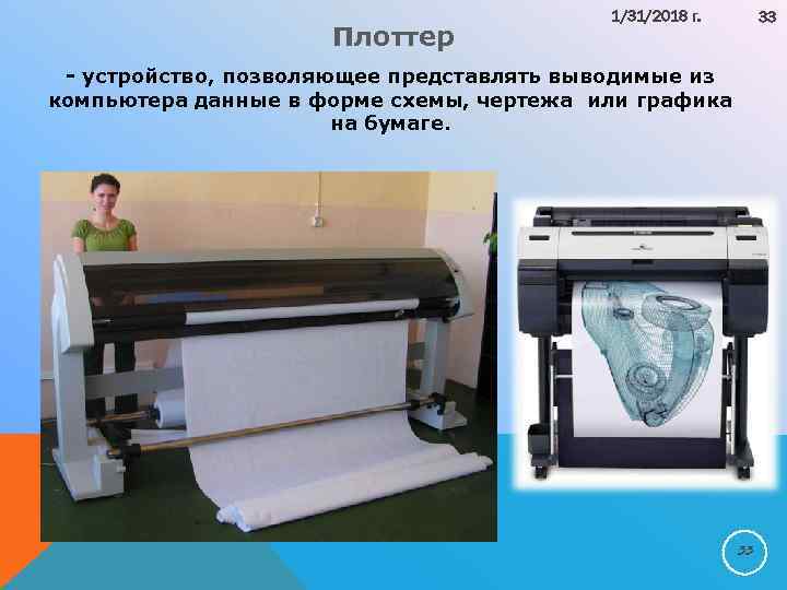 Плоттер 1/31/2018 г. 33 устройство, позволяющее представлять выводимые из компьютера данные в форме схемы,