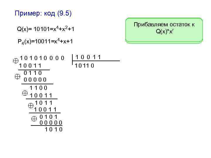Пример: код (9. 5) Q(х)= Делим полученный Прибавляем остаток к полином на образующий Q(x)*xr