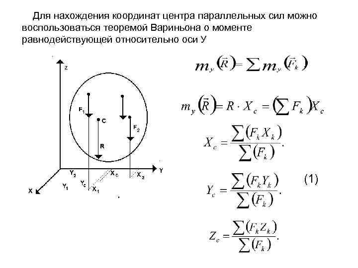 Для нахождения координат центра параллельных сил можно воспользоваться теоремой Вариньона о моменте равнодействующей относительно