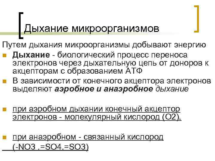 Дыхание микроорганизмов Путем дыхания микроорганизмы добывают энергию n Дыхание - биологический процесс переноса электронов