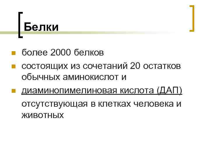 Белки n n n более 2000 белков состоящих из сочетаний 20 остатков обычных аминокислот