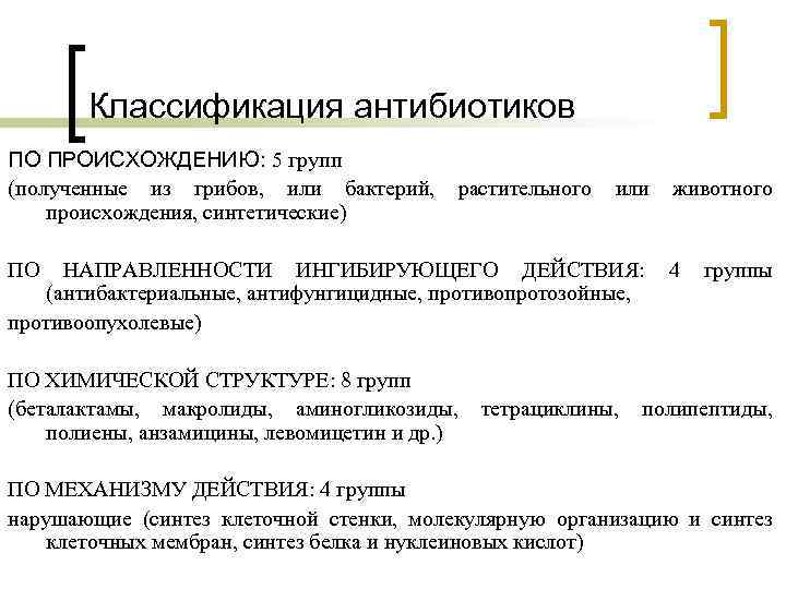Классификация антибиотиков ПО ПРОИСХОЖДЕНИЮ: 5 групп (полученные из грибов, или бактерий, растительного или животного