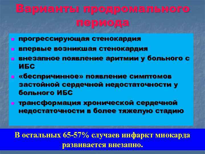 Варианты продромального периода n n n прогрессирующая стенокардия впервые возникшая стенокардия внезапное появление аритмии