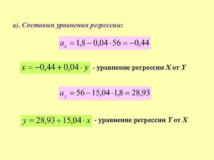 в). Составим уравнения регрессии: - уравнение регрессии X от Y - уравнение регрессии Y